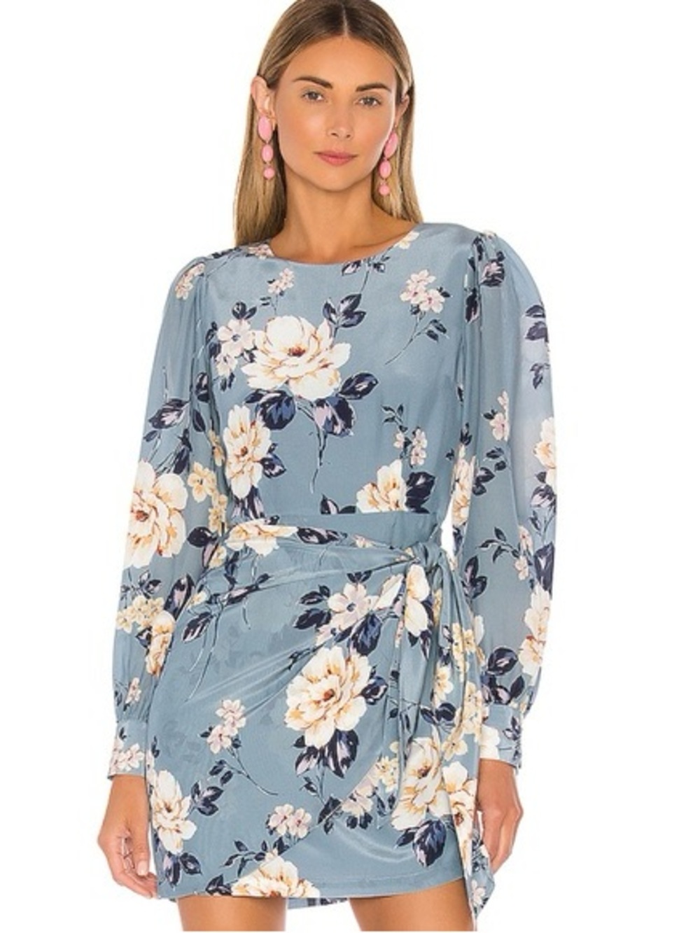 Yumi Kim Silk Blue Floral Wonderland Dress Honey Rose Long Sleeve Mini Dress